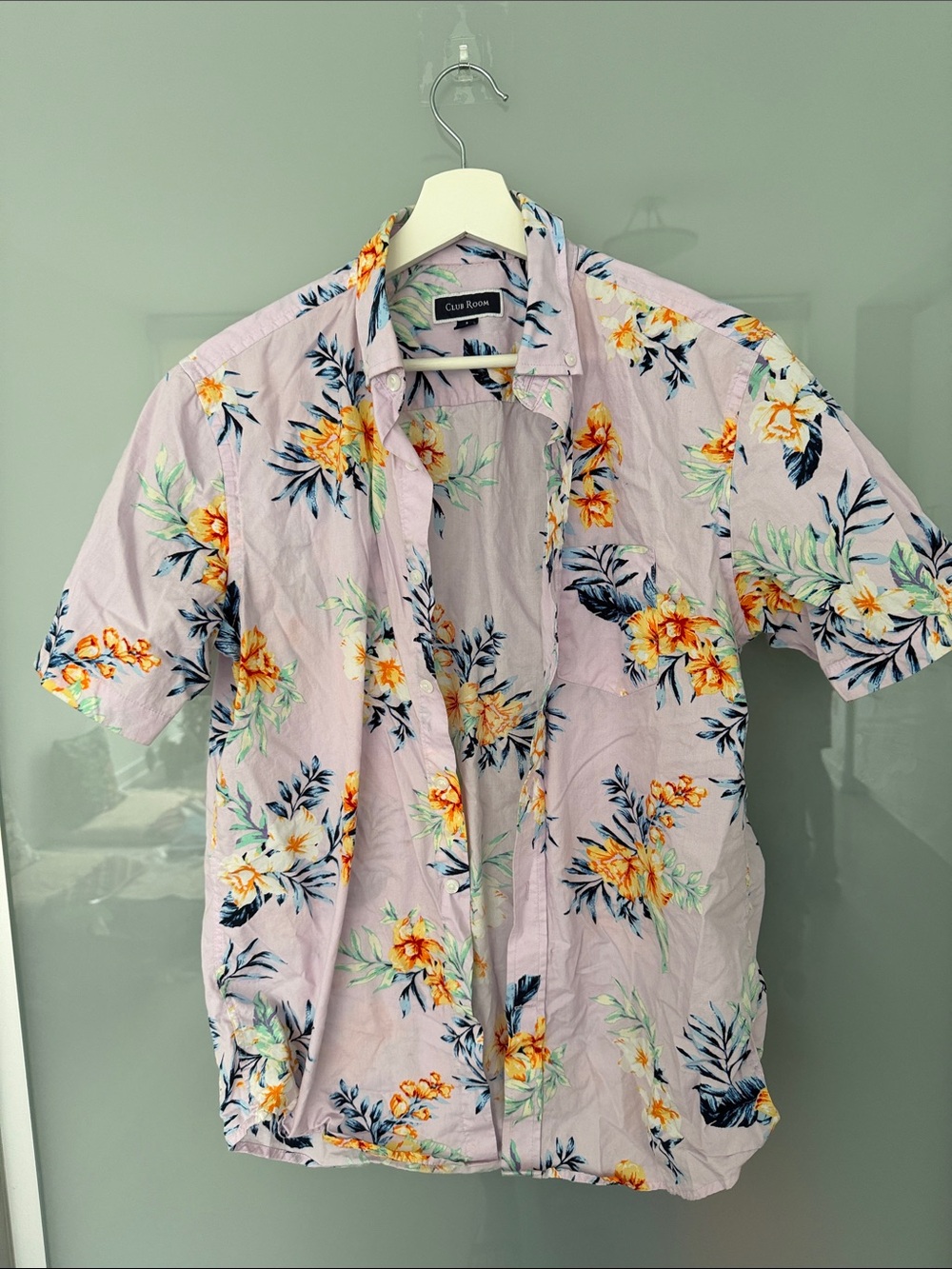 Club Room Lavender Floral Short-Sleeve Button-Up Shirt with Yellow Bloom